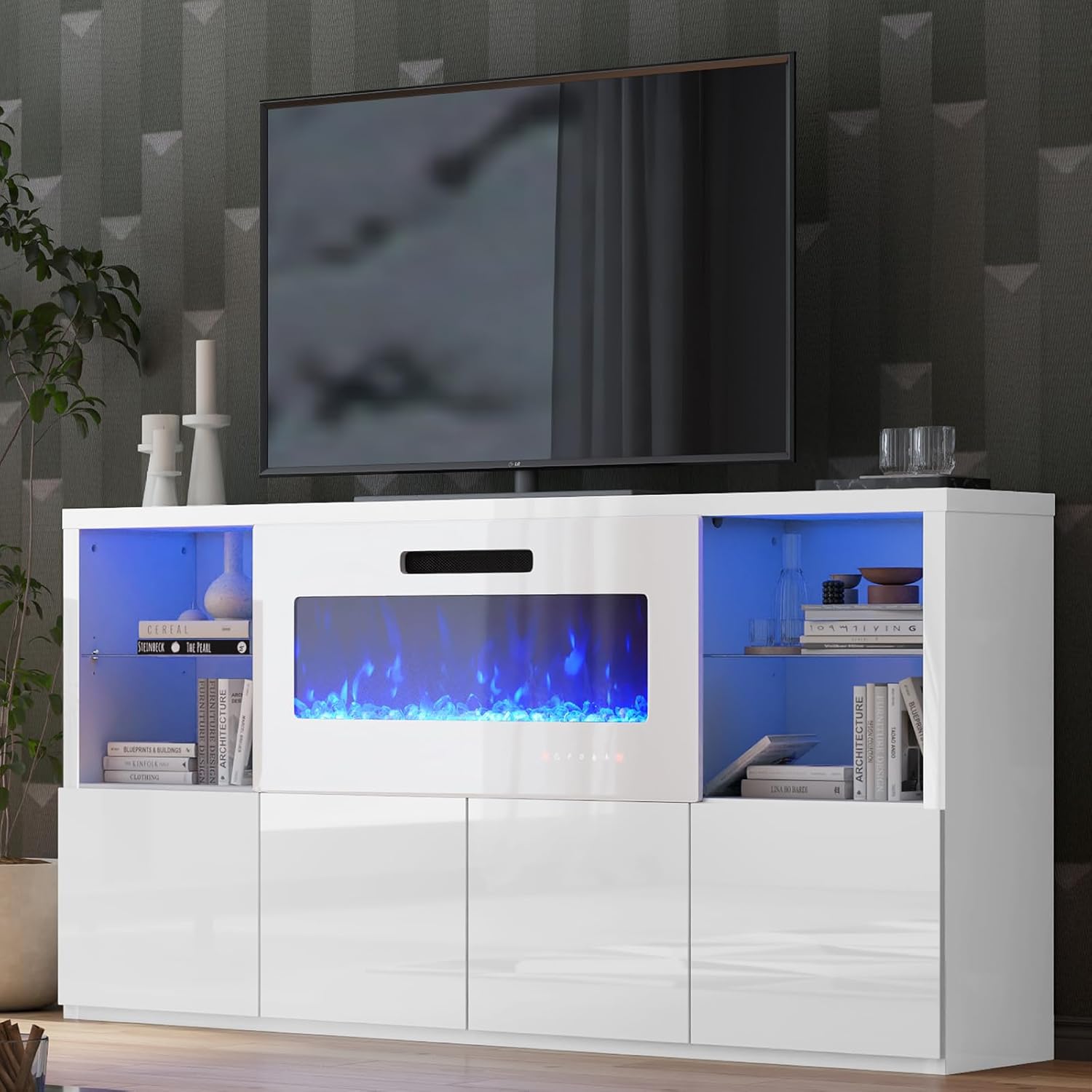 AMERLIFE 68" Fireplace TV Stand with 40" Fireplace, Modern High Gloss Fireplace Entertainment Center with LED Lights for TVs up to 78", TV Console with Glass Shelves for Living Room, White
