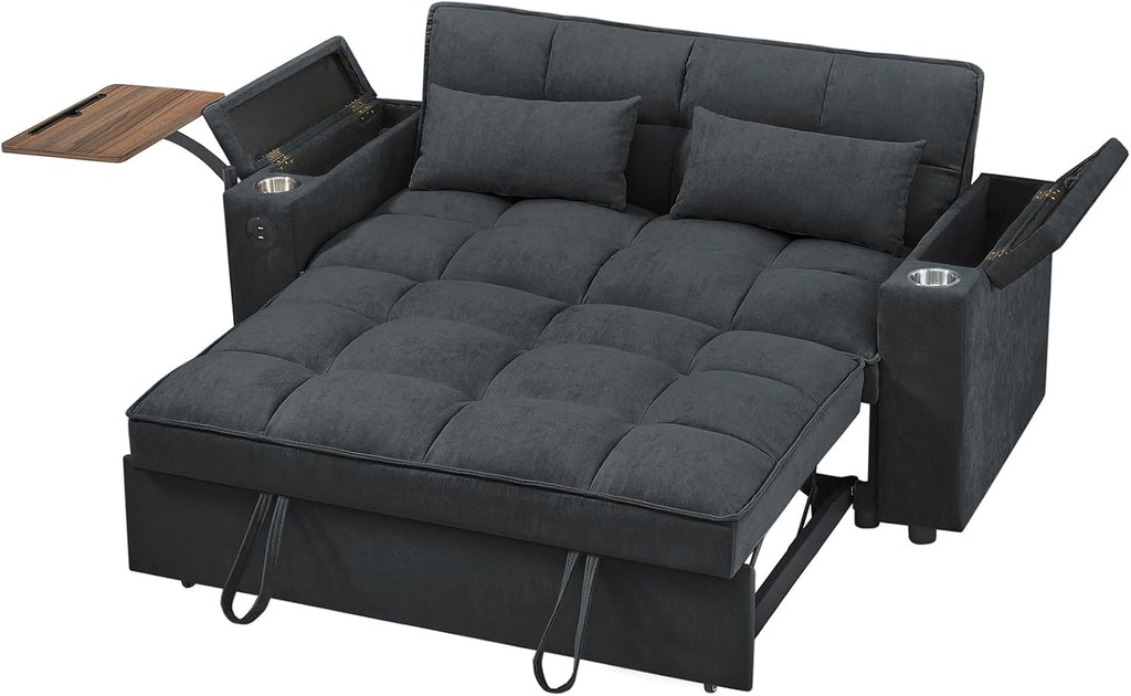 65'' 3-in-1 Folding Convertible Sofa Bed, Pullout Sofa, Modern Chenille Fabric, 360° Swivel Side Table, Easy Assembly, Perfect for Living Room, Grey