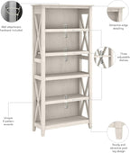 Bush Home Tall 5 Shelf Bookcase for Living Room or Home Office, Large Bookshelf, Modern Farmhouse Style, Key West Collection, Linen White Oak