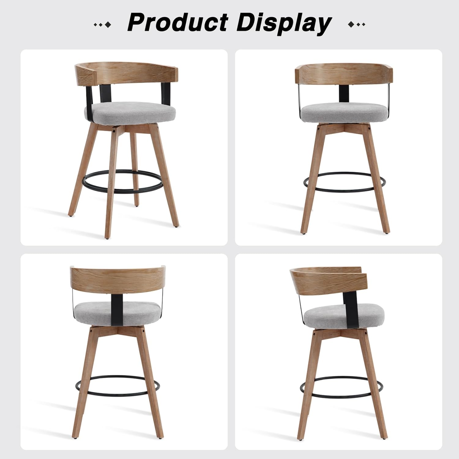 DUOMAY Swivel Bar Stools Set of 4, 26" Counter Height Bar Stool with Footrest Modern Wood Barstools with Linen Upholstered Seat Counter Stools for Kitchen Island Home Bar,Grey