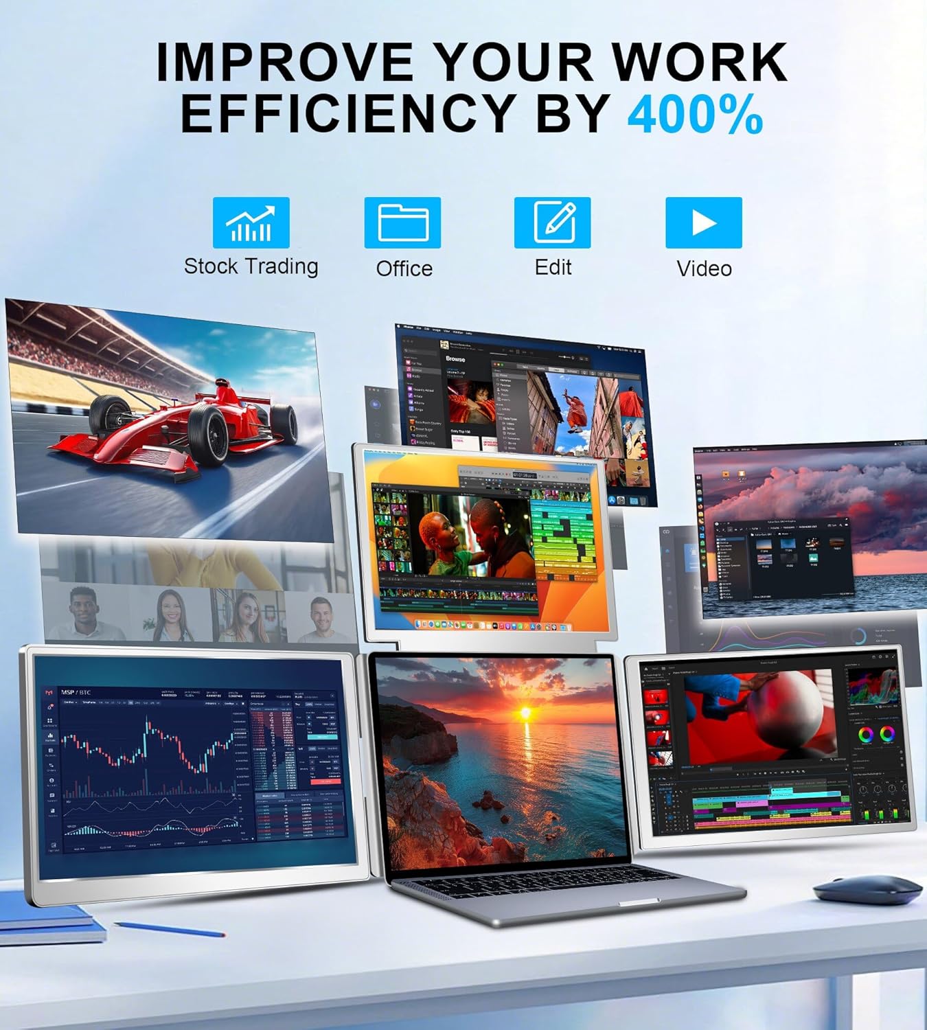 FOPO 16" Laptop Screen Extender Monitor Portable  Quad Monitor  Just 1 Cable for 3 Screens  FHD 1200P IPS Laptop Extender Compatible with Wins/Mac for 13.6" - 18.5" Laptops