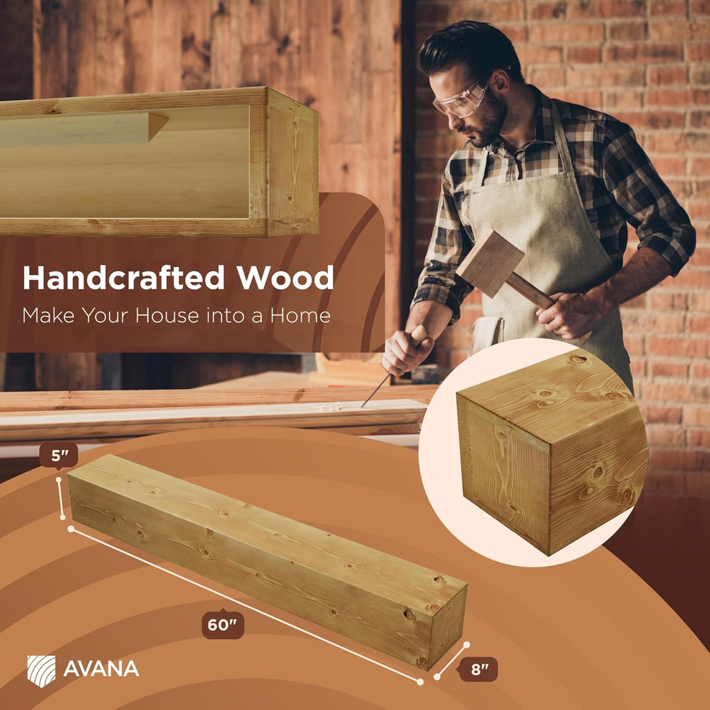 Avana Fireplace Mantel - Wall-Mounted Mantles for Over Fireplace - Farmhouse Fireplace Mantle Shelves - Handcrafted Wood Fireplace Mantels - Floating Mantel 72 Inches X 8 X 5 - Rustic Natural | Mantles, Over Fireplace, Handcrafted, Fireplace Mantels