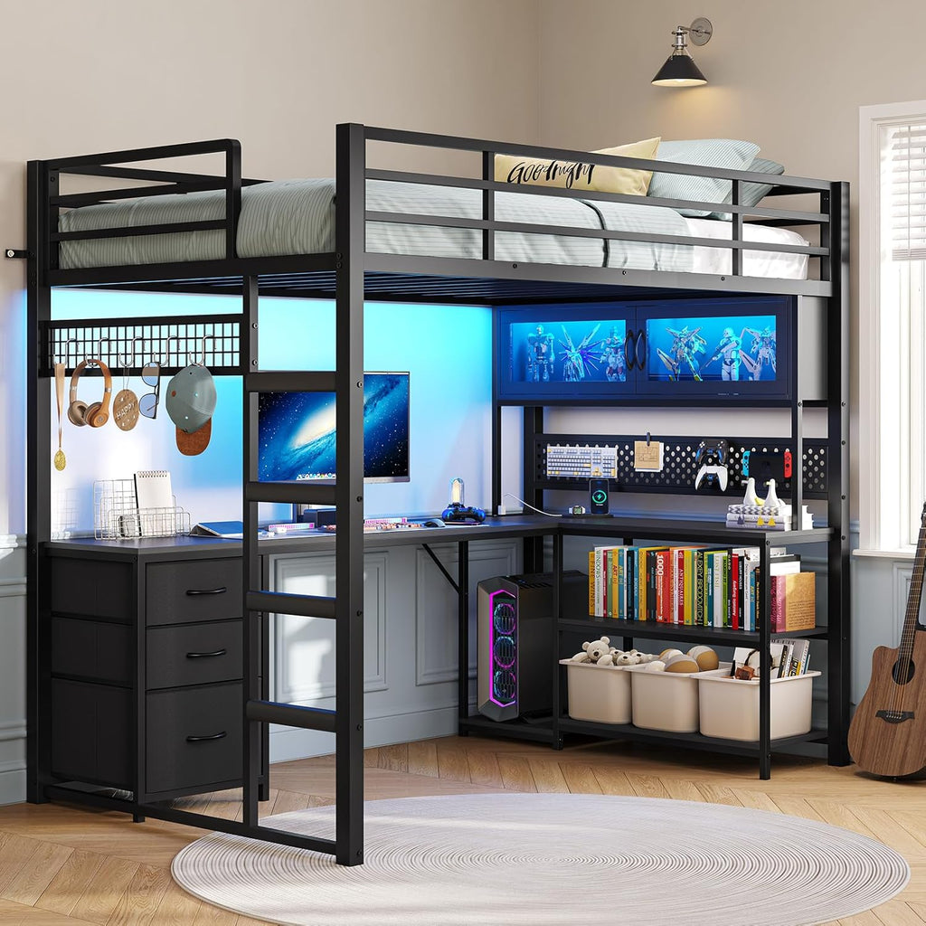 ADORNEVE Twin Size Loft Bed with L-Shaped Gaming Desk, Storage Drawers & Hutch, Expanded Safety Power Outlet, Metal Loft Bed Frame with RGB Lights, Space Saving for Teens, Black