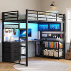 ADORNEVE Twin Size Loft Bed with L-Shaped Gaming Desk, Storage Drawers & Hutch, Expanded Safety Power Outlet, Metal Loft Bed Frame with RGB Lights, Space Saving for Teens, Black