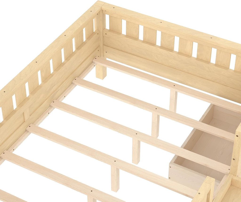 Bellemave Full Size Bed with Slats and Stairs, Full Size Platform Bed Frame with Fence, Bookshelf and Storage Drawers, Easy Assemble Beds for Girls, Boys, Light Natural