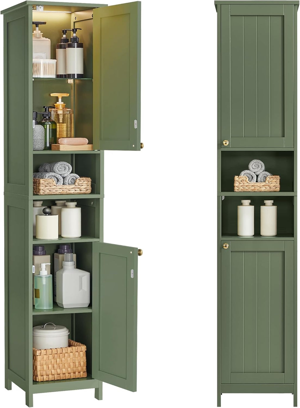 VASAGLE Tall Bathroom Cabinet with Lights, Slim Freestanding Bathroom Storage Cabinet with Adjustable Shelves, for Small Spaces, Modern, 15.7 Inches Wide, Forest Green UBBC766C01