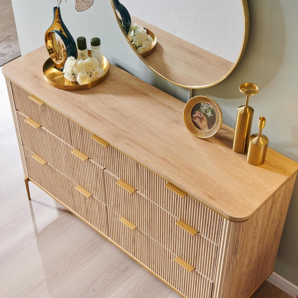 T4TREAM Fluted 7 Drawers Dresser for Bedroom, 54" Wide Modern Dresser TV Stand, Gold Accents, Fluted Fronts, Wood Storage Dressers Organizer for Bedroom, Living Room, Natural Oak