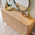 T4TREAM Fluted 7 Drawers Dresser for Bedroom, 54" Wide Modern Dresser TV Stand, Gold Accents, Fluted Fronts, Wood Storage Dressers Organizer for Bedroom, Living Room, Natural Oak