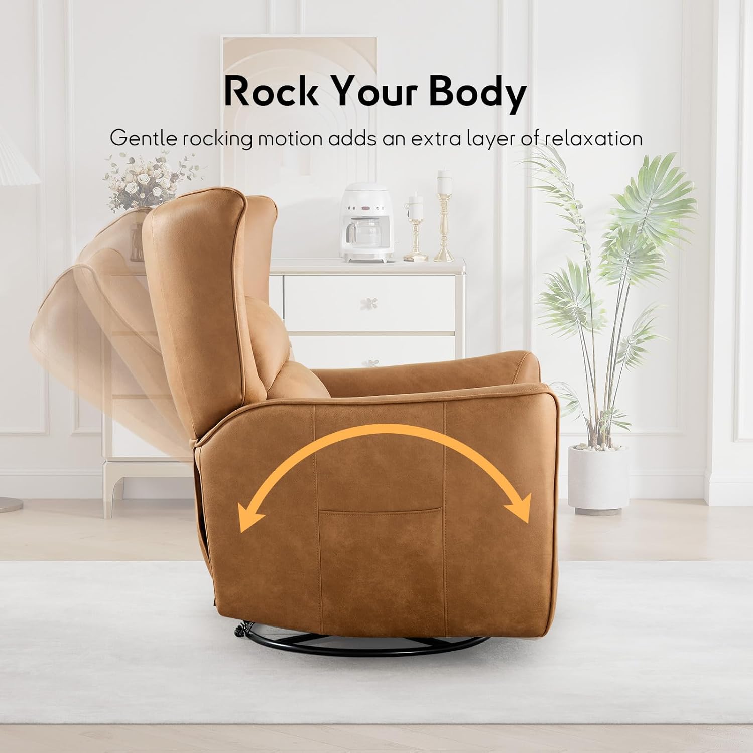 Bonzy Home 270° Swivel Power Recliner Chair, 30° Rocking Chair with Lumber Cushion and Highly Enveloping Backrest, Electric Reclining Home Theater Seat for Nursery, Bedroom, Living Room, Brown