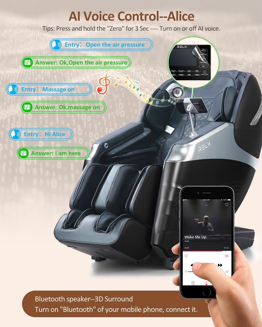 RELX Massage Chair Full Body, 15 Modes Zero Gravity SL-Track Shiatsu Massage Chair Built-in Heat System, Airbag Massage with Body Scan, Deep Yoga Stretch, Calfrest Extension and AI Control(Black)