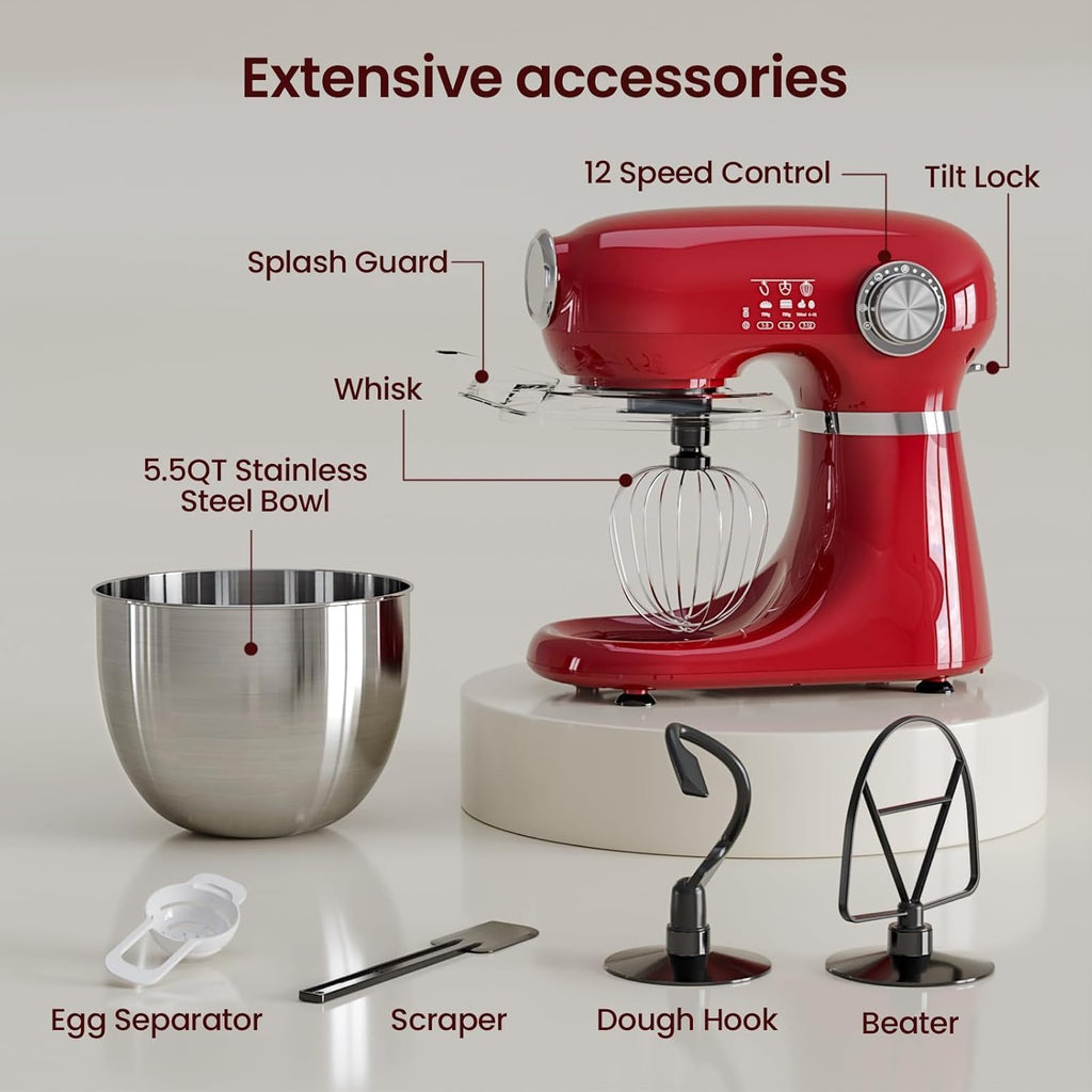 Kismile 5.5QT Tilt-Head Stand Mixer, 12-Speed Electric Mixer with 304 Stainless Steel Bowl - Includes Whisk, Dough Hook, Beater for Baking Bread, Cakes, Cookies（Red）