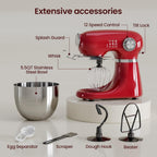 Kismile 5.5QT Tilt-Head Stand Mixer, 12-Speed Electric Mixer with 304 Stainless Steel Bowl - Includes Whisk, Dough Hook, Beater for Baking Bread, Cakes, Cookies（Red）