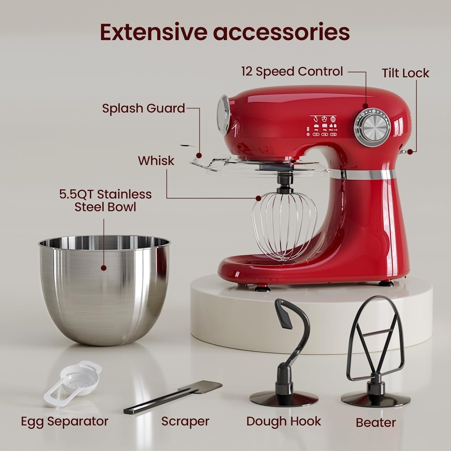 Kismile 5.5QT Tilt-Head Stand Mixer, 12-Speed Electric Mixer with 304 Stainless Steel Bowl - Includes Whisk, Dough Hook, Beater for Baking Bread, Cakes, Cookies（Red）
