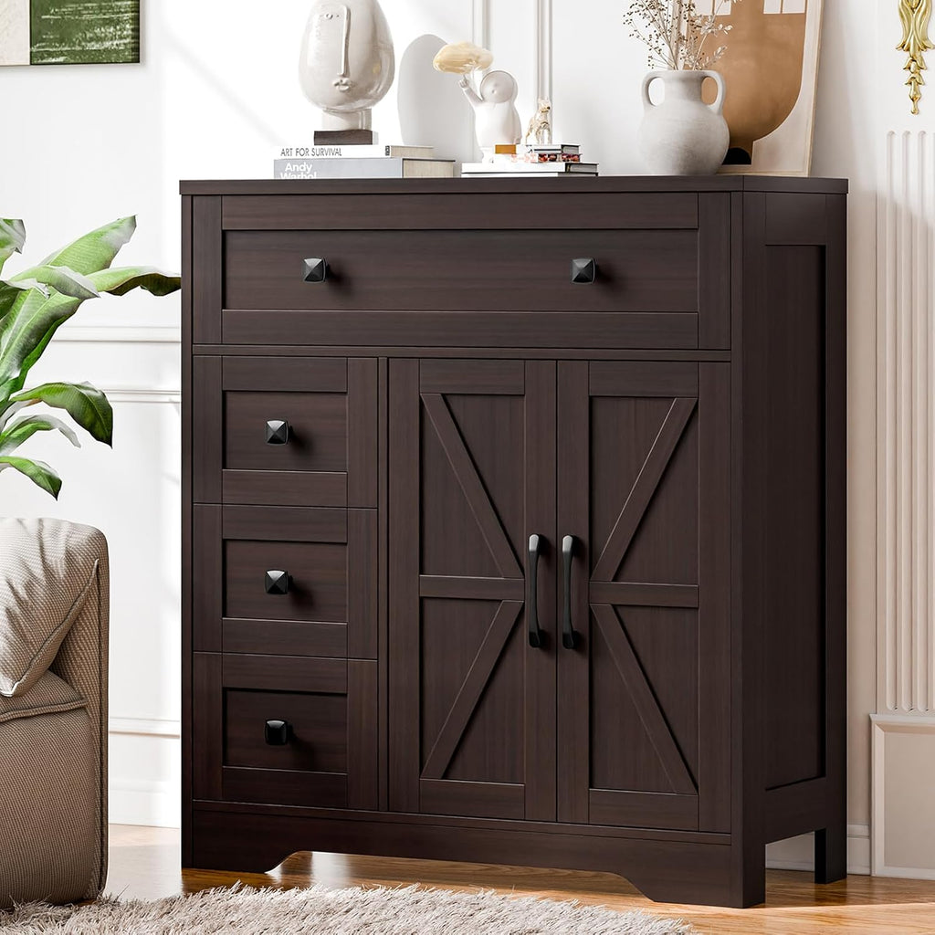 Vabches Farmhouse Storage Cabinet with 2 Doors and 4 Drawers, Freestanding Bathroom Storage Cabinet Kitchen Pantry, Floor Cupboard for Living Room/Bathroom/Kitchen,Espresso
