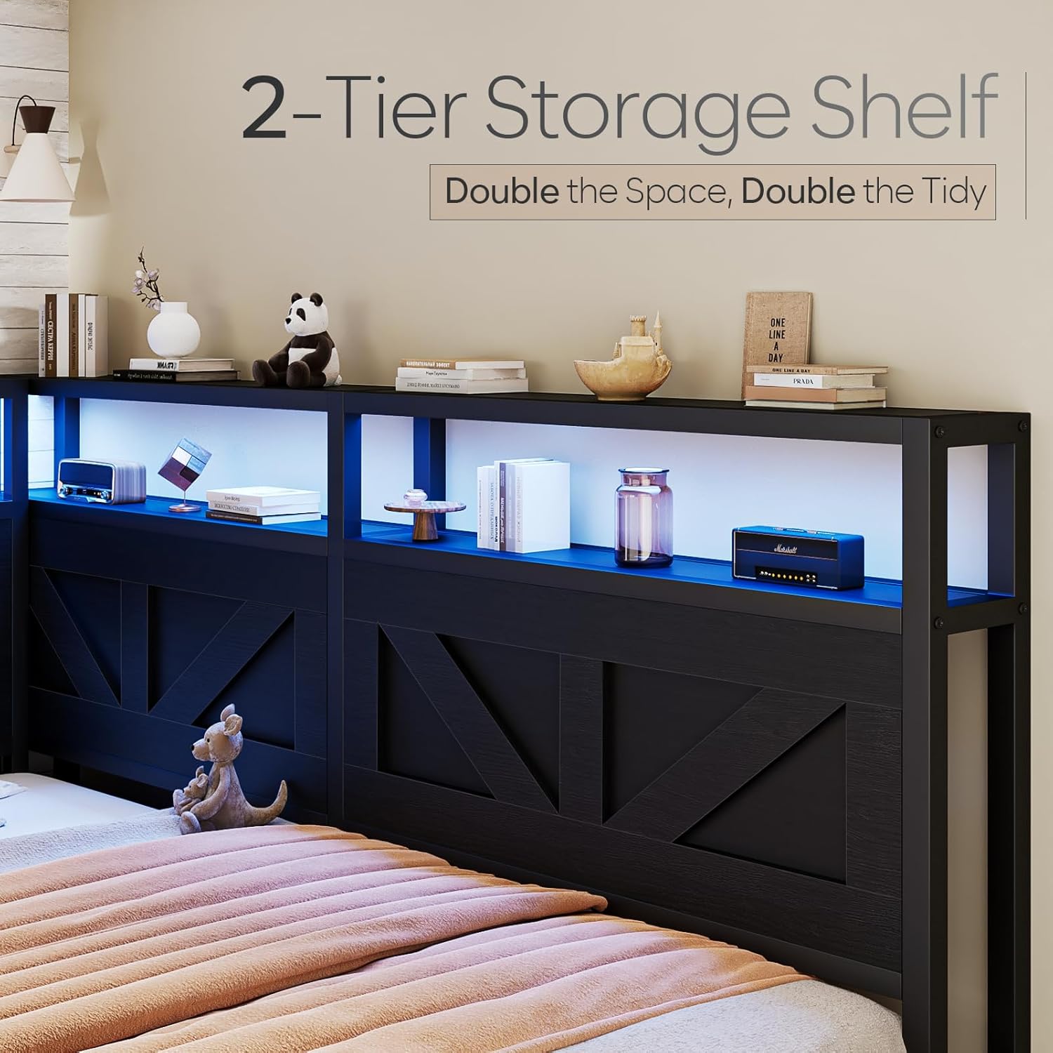 Corner Queen Size Bed Frame with Headboard and Storage Bookcase Large Capacity Farmhouse Bed Frame with LED Lights and Charging Station for Kids Corner Storage Bed