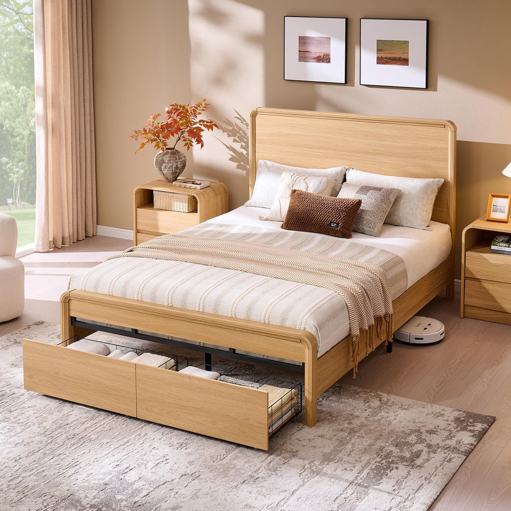 Modern Queen Size Bed Frame with 50" Tall Headboard, Wood Queen Size Platform Bed Frame w/3 Storage Drawers, Curved Profile Design, No Box Spring Needed, Easy Assembly, Noise Free, Natural Oak
