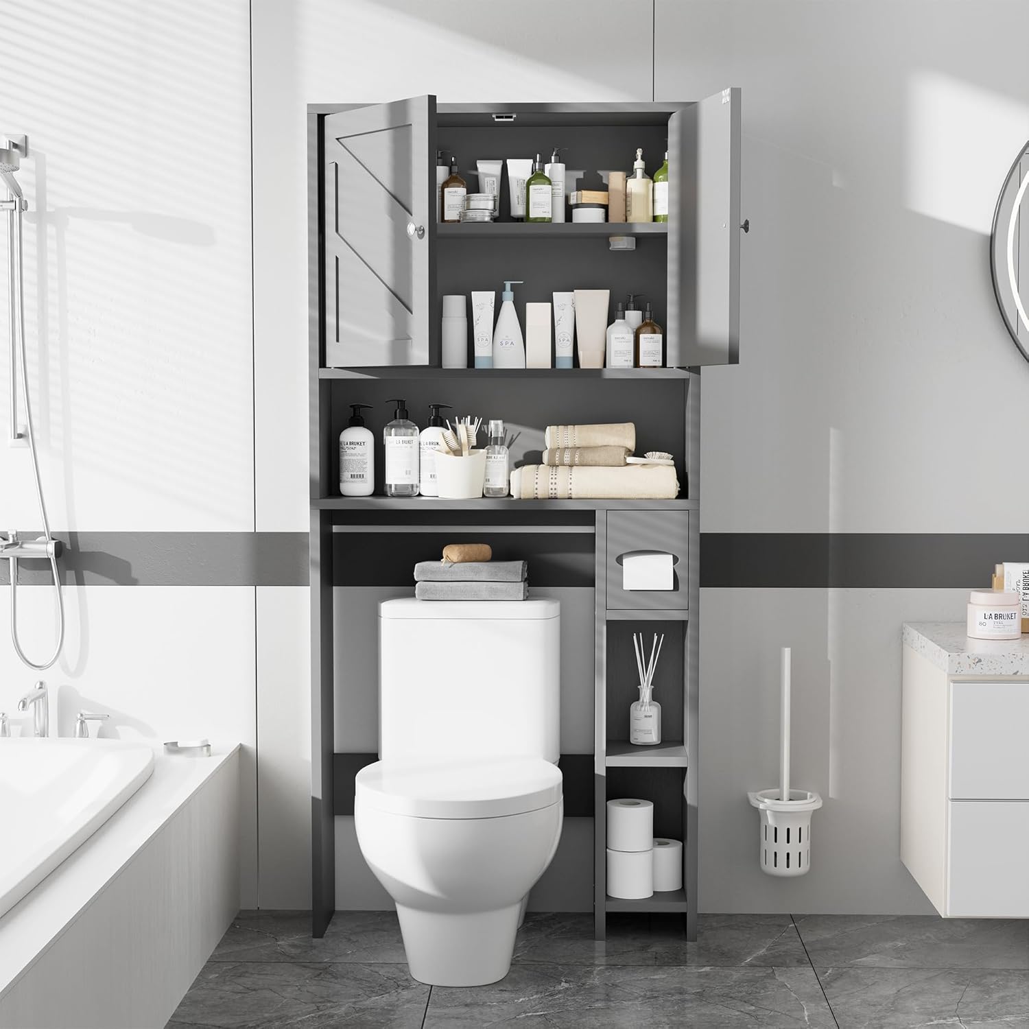 Meilocar Farmhouse Storage Cabinet Over Toilet with Toilet Paper Holder Stand, Freestanding Bathroom Storage Organizer Cabinet, Grey