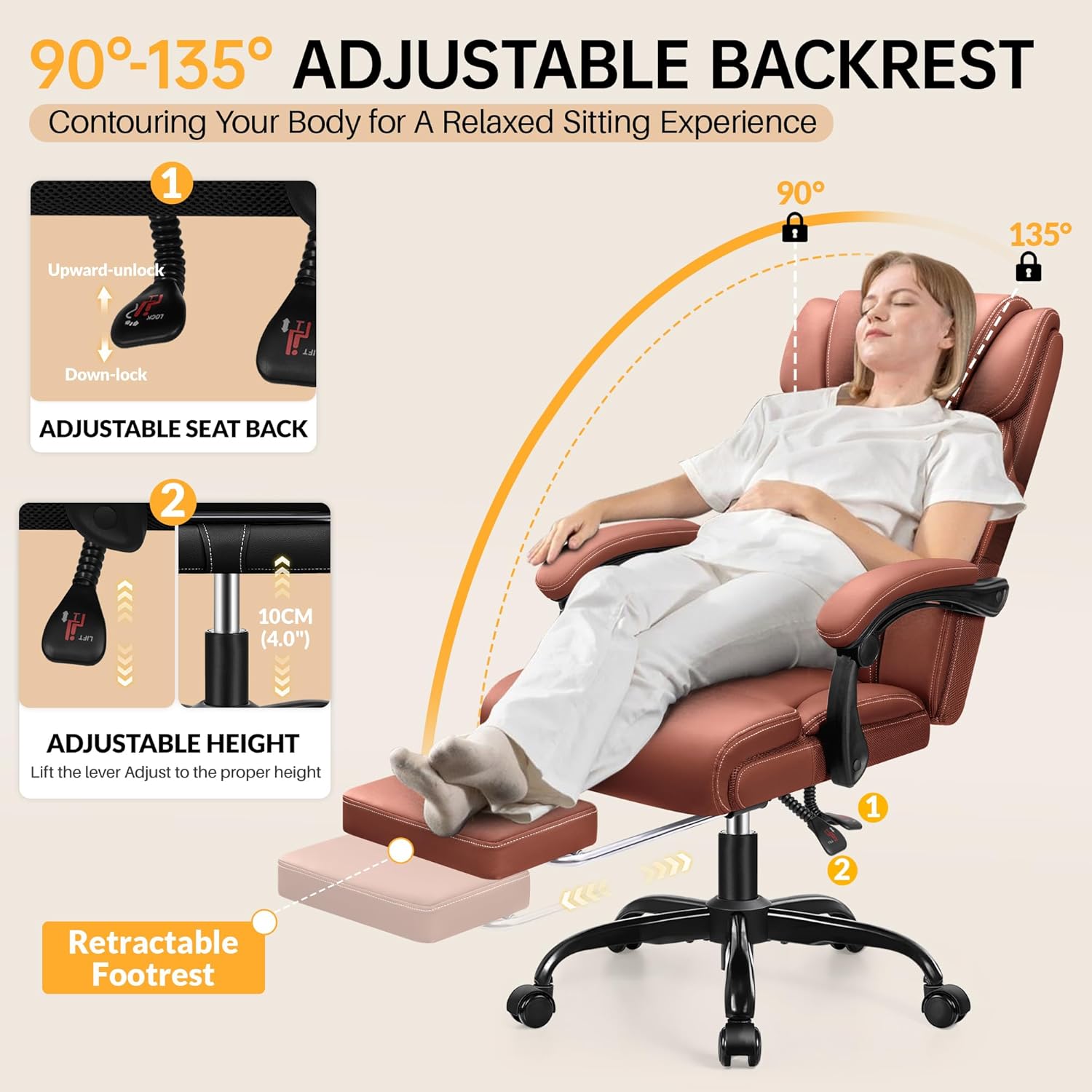 Office Chair, Executive Big and Tall Leather Desk Chairs with Footrest, Ergonomic Breathable Computer Chair with Adjustable High Back, Lumbar Support Swivel PC Chairs with Rocking Function