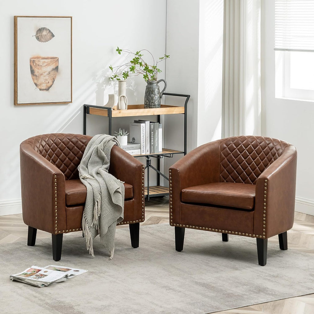 KINWELL 29" W Faux Leather Barrel Chairs Set of 2, Modern PU Upholstered Tufted Club Chairs with Nailhead Trim, Small Armchairs Accent Chairs for Living Room Bedroom Apartment Lounge Nursery, Brown