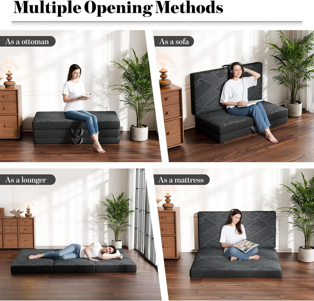 Tri Folding Mattress King Size - Foldable Mattress Trifold Memory Foam Mat with Washable Cover, Handle & Non-Slip Bottom Portable Foldable Floor Sofa Bed for Travel Camping Guest - 6 Inch, 80"x76"x6"
