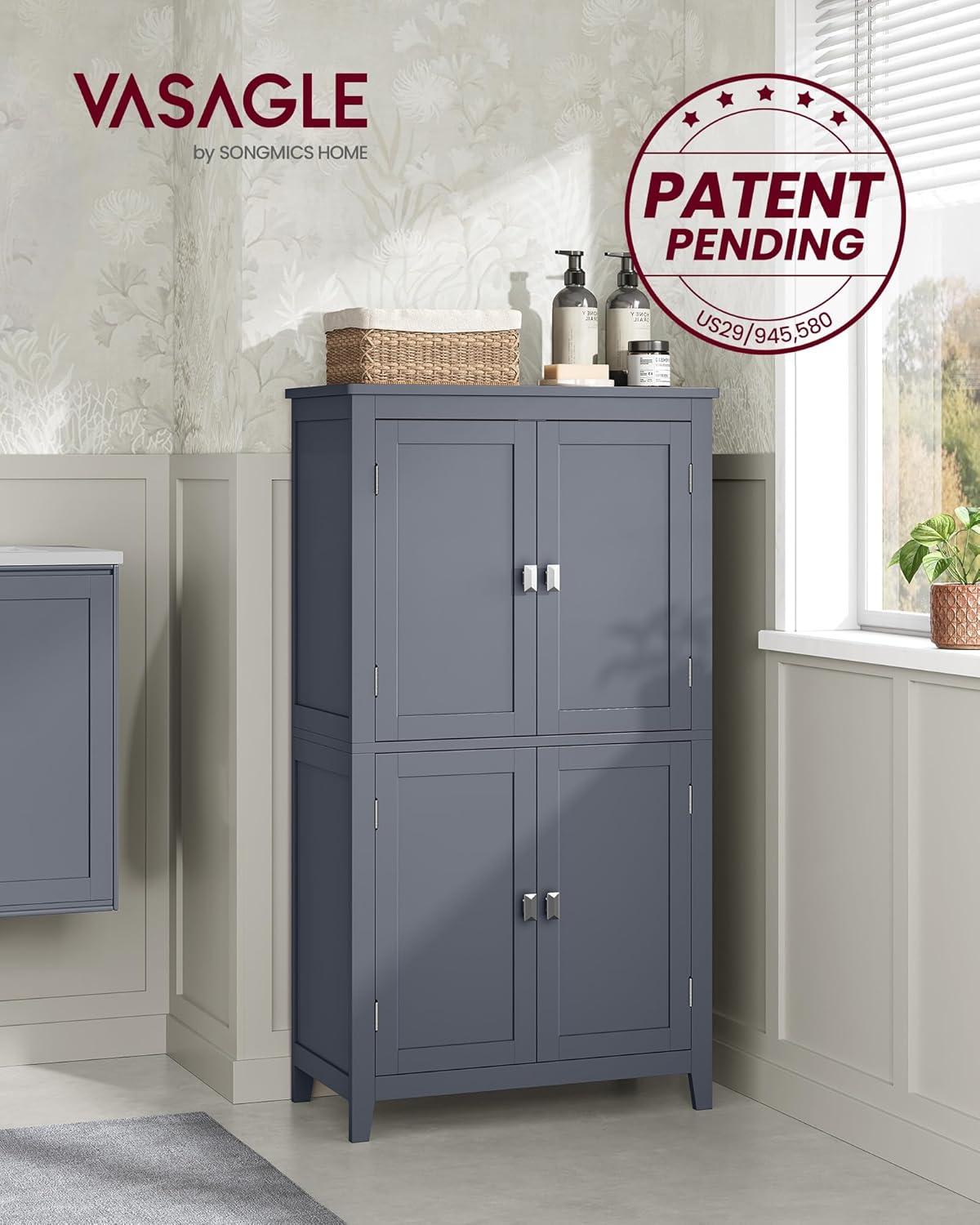 VASAGLE Floor Storage Cabinet, Freestanding Storage Unit with 4 Doors, Adjustable Shelves, 11.8 x 23.6 x 43.3 Inches, for Entryway, Bathroom, Slate Gray UBBC552G01
