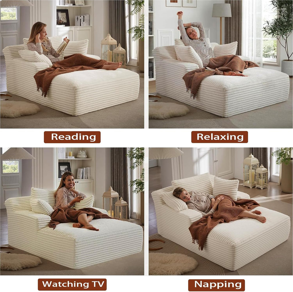 50" W Chaise Lounge Chair Indoor, Oversized Upholstered Corduroy Boneless Sofa Bed with 3 Pillows, Deep Seat Sleeper Reading Chair Cloud Couch for Living Room, No Assembly Required