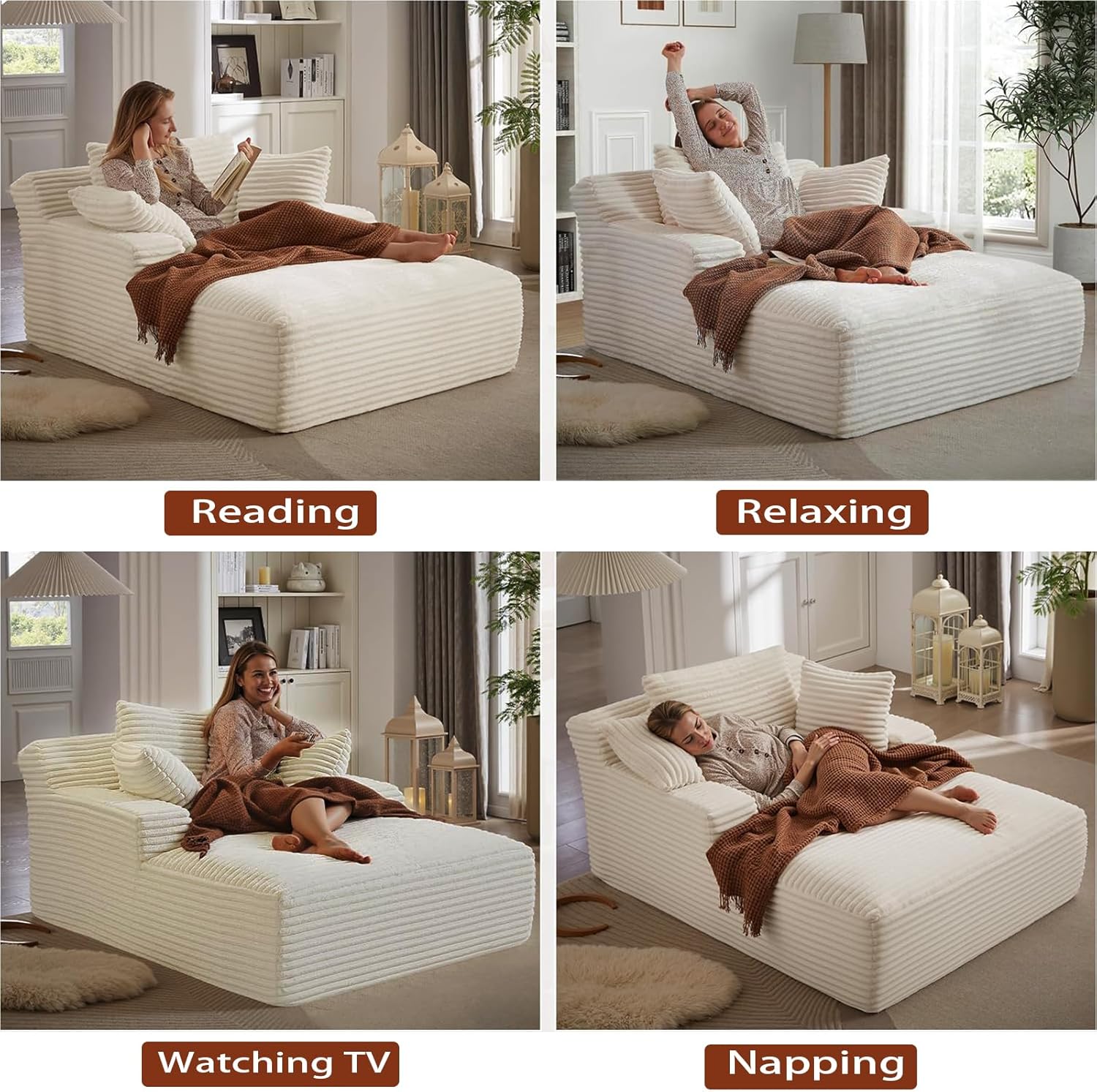 50" W Chaise Lounge Chair Indoor, Oversized Upholstered Corduroy Boneless Sofa Bed with 3 Pillows, Deep Seat Sleeper Reading Chair Cloud Couch for Living Room, No Assembly Required
