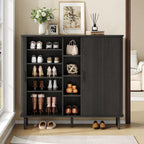 ONBRILL 43" Tall Fluted Shoe Cabinet with 8 Adjustable Shelves, Shoe Storage Cabinet with Sliding Door and 4 Open Shelves, Mid-Century Modern Shoe Organizer for Entryway, Hallway, Living Room, Black