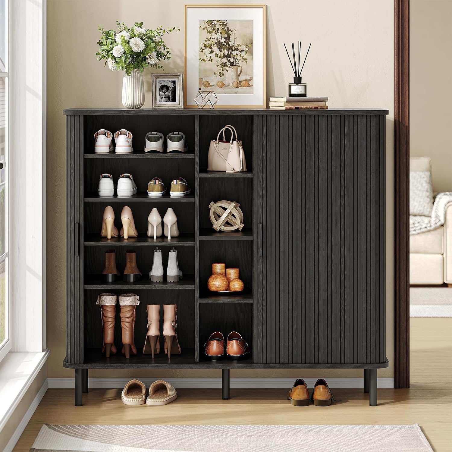 ONBRILL 43" Tall Fluted Shoe Cabinet with 8 Adjustable Shelves, Shoe Storage Cabinet with Sliding Door and 4 Open Shelves, Mid-Century Modern Shoe Organizer for Entryway, Hallway, Living Room, Black