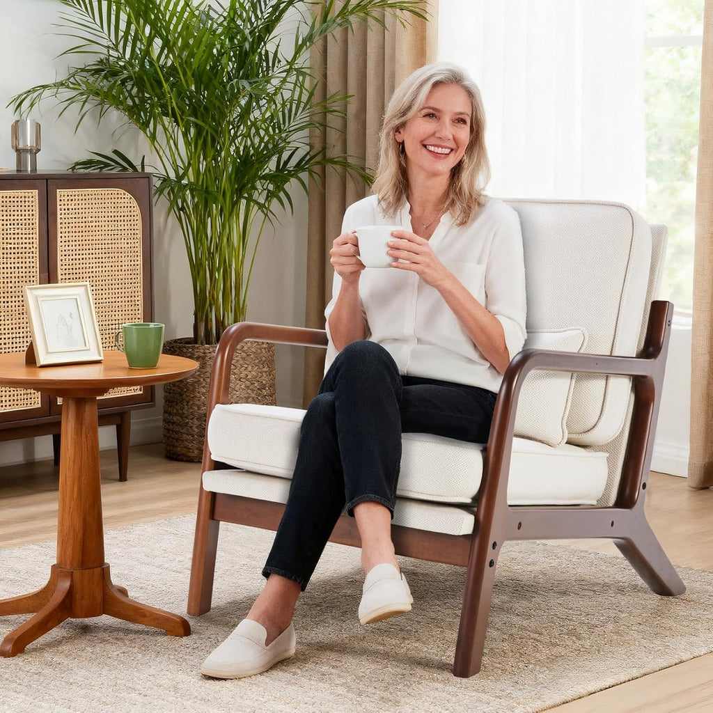 DUMOS Mid Century Modern Chair, Accent Chair with Arms and Waist Cushion, Reading Chairs for Adults, Lounge Chair for Living Room and Bedroom, Solid Wooden Frame, Cream