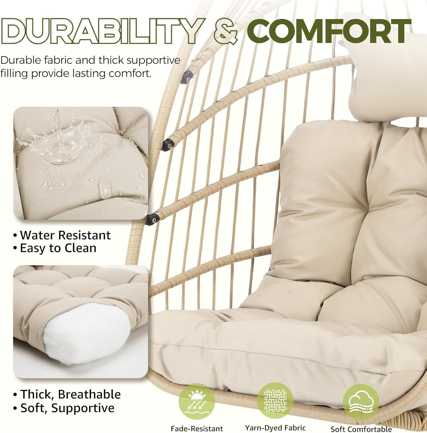 RADIATA Outdoor Swing Egg Chair with Stand, 350Lbs Heavy-Duty Wicker Egg Hanging Patio Chairs for Outside, Comfy Porch Swinging Chair with Thick Cushion Balcony Backyard Bedroom Indoor, Beige
