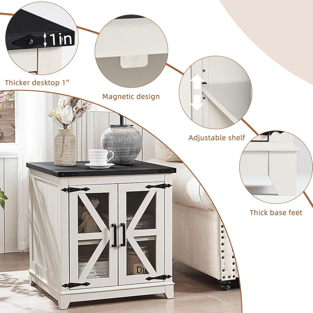 Farmhouse End Table with Charging Station Set 2, 24" Large Sofa Side Table with Glass Barn Door,White Nightstand with Adjustable Storage Shelf,Wood Square Bedside Table for Living Room,Bedroom