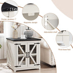 Farmhouse End Table with Charging Station Set 2, 24" Large Sofa Side Table with Glass Barn Door,White Nightstand with Adjustable Storage Shelf,Wood Square Bedside Table for Living Room,Bedroom