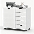 5-Drawer Wood Drawer Cabinet, Office Storage Cabinet with Adjustable Shelf & Wheels, Printer Stand for Home Office, White, 15.7" D x 30.7" W x 25.4" H