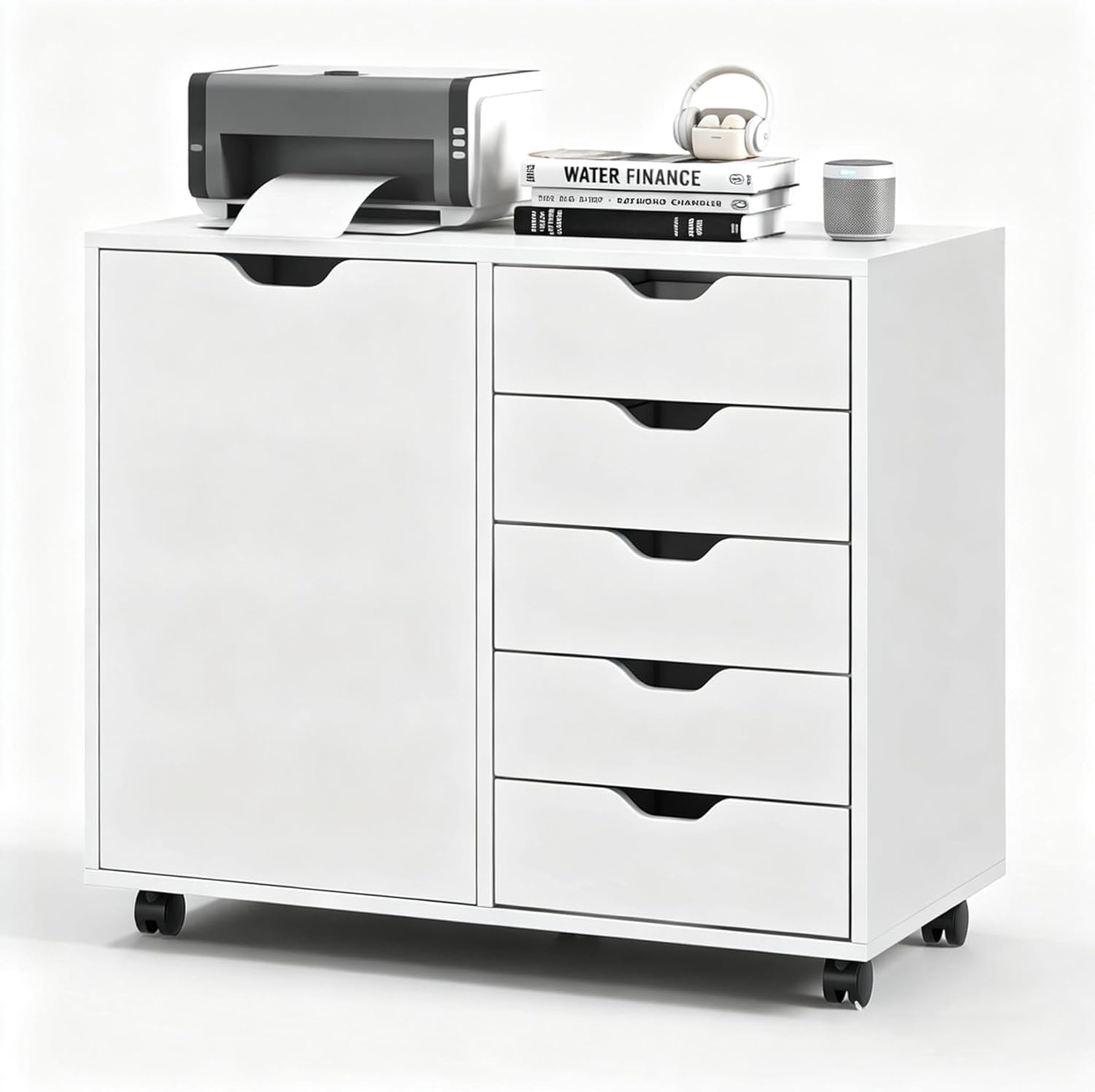 5-Drawer Wood Drawer Cabinet, Office Storage Cabinet with Adjustable Shelf & Wheels, Printer Stand for Home Office, White, 15.7" D x 30.7" W x 25.4" H