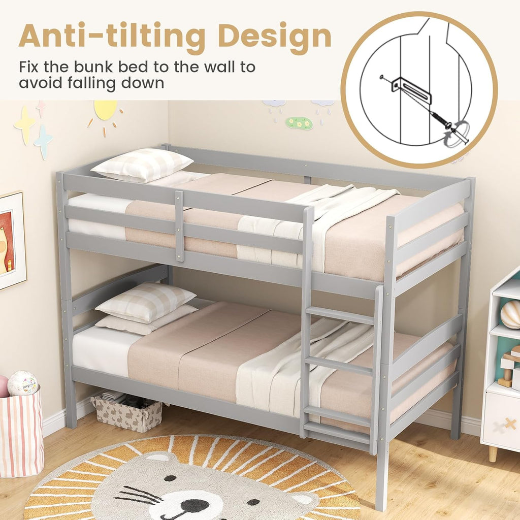 KOMFOTT Bunk Bed Twin Over Twin, Bed Frame w/Full-Length Guardrail & Integrated Ladder, Wood Bunk Bed for Small Space, Converts to 2 Individual Beds for Kids & Adults, No Box Spring Needed