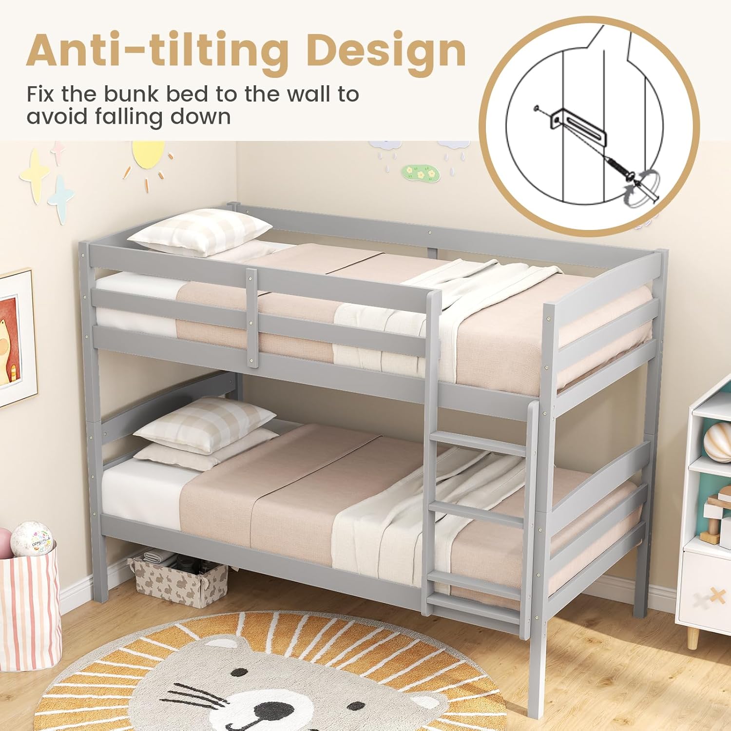 KOMFOTT Bunk Bed Twin Over Twin, Bed Frame w/Full-Length Guardrail & Integrated Ladder, Wood Bunk Bed for Small Space, Converts to 2 Individual Beds for Kids & Adults, No Box Spring Needed