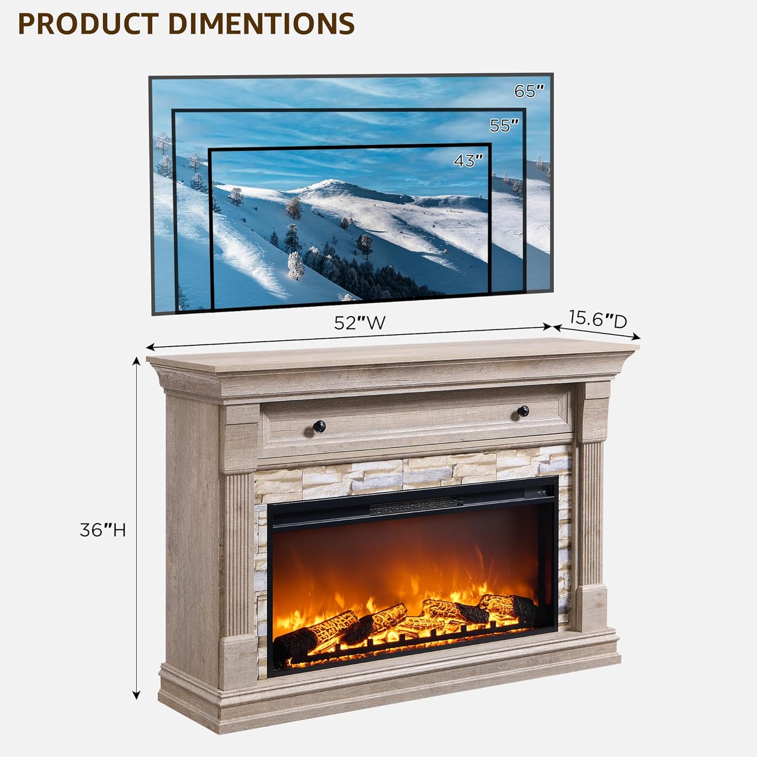 OKD 52" Farmhouse Electric Fireplace TV Stand with Mantel & Cabinet, 36" Freestanding Electric Fireplace Heater with Remote Control, Adjustable 3D Flame Effect, Light Rustic Oak