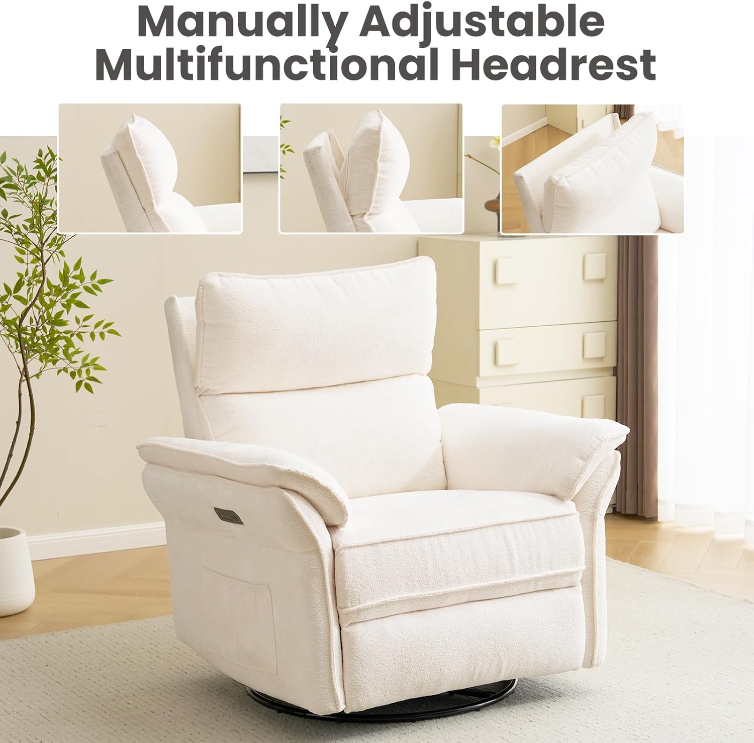Oversized Power Recliner Chair Swivel Glider with Massage and Heat, Rocker Nursery Recliner for Adults with Adjustable Headrest, 26" Extra Wide Nursery Chair with Overstuffed Armrest,White