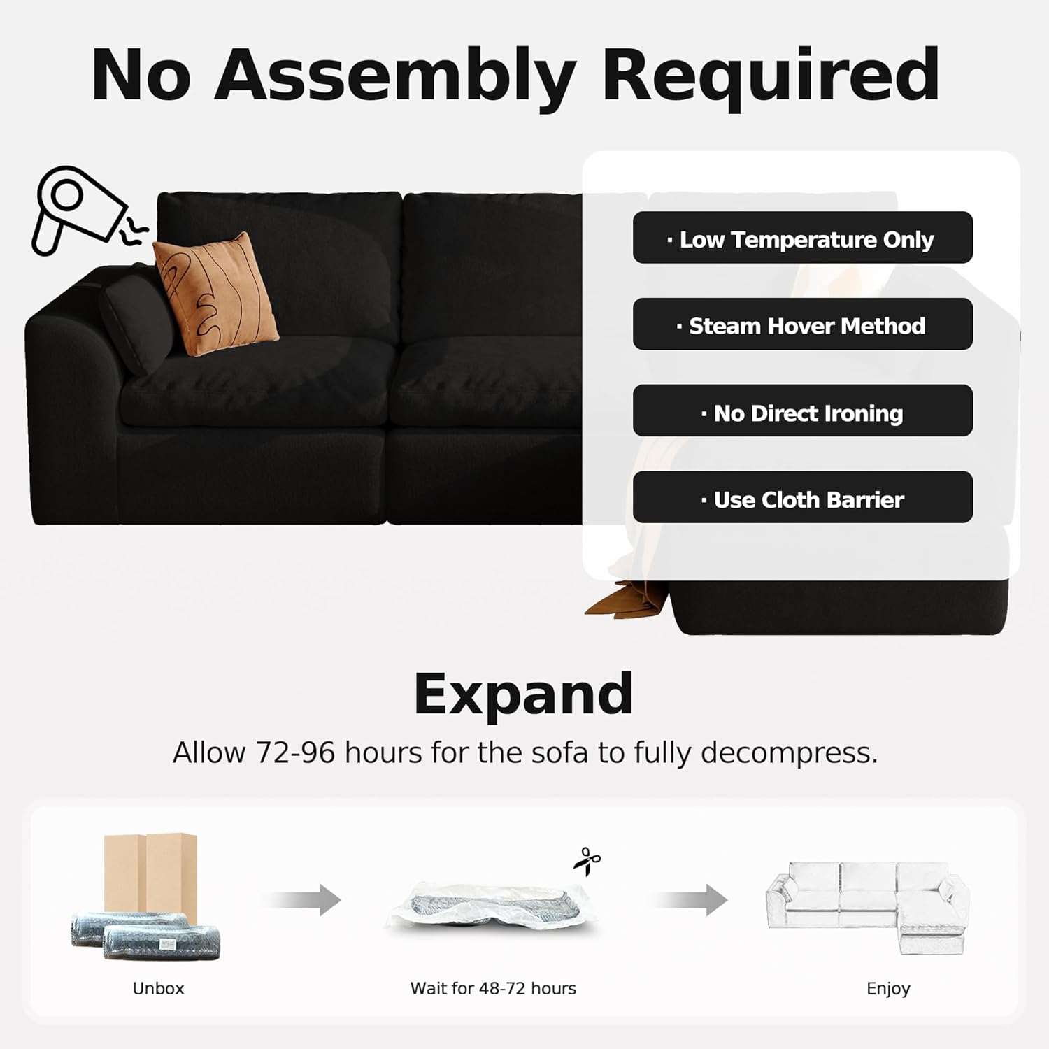 108'' Boneless Cloud couches for Livingroom,Sectional L-Shape Couch with Ottoman,3 Seater Convertible Modular Soft Sofa,White (Black)