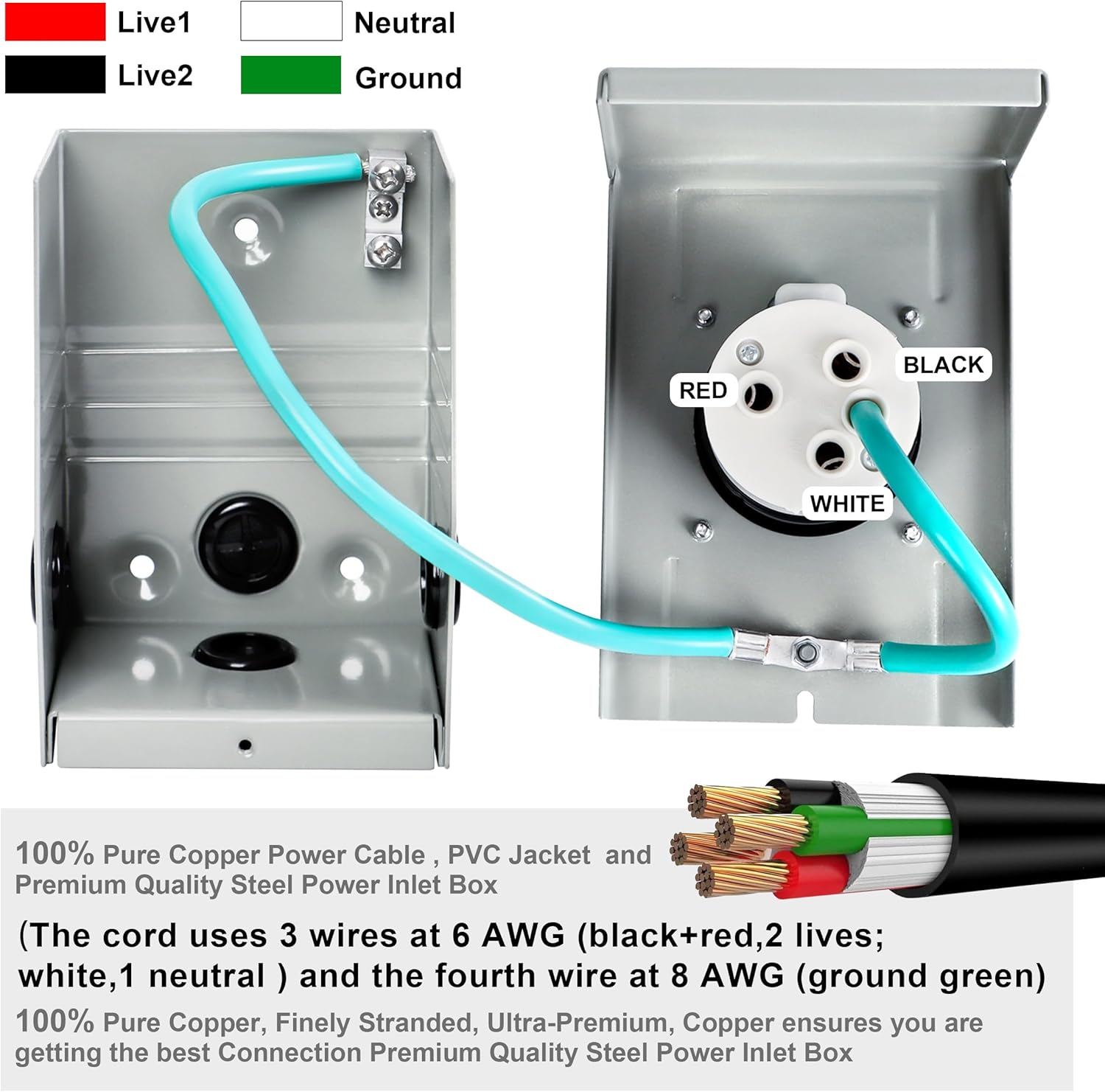 50 Amp Generator Cord and Pre-Drilled Power Inlet Box  Generator Cords 50FT  50 Amp 125V/250V Generator Power Cord  NEMA 14-50P / SS2-50R Twist Lock Connector