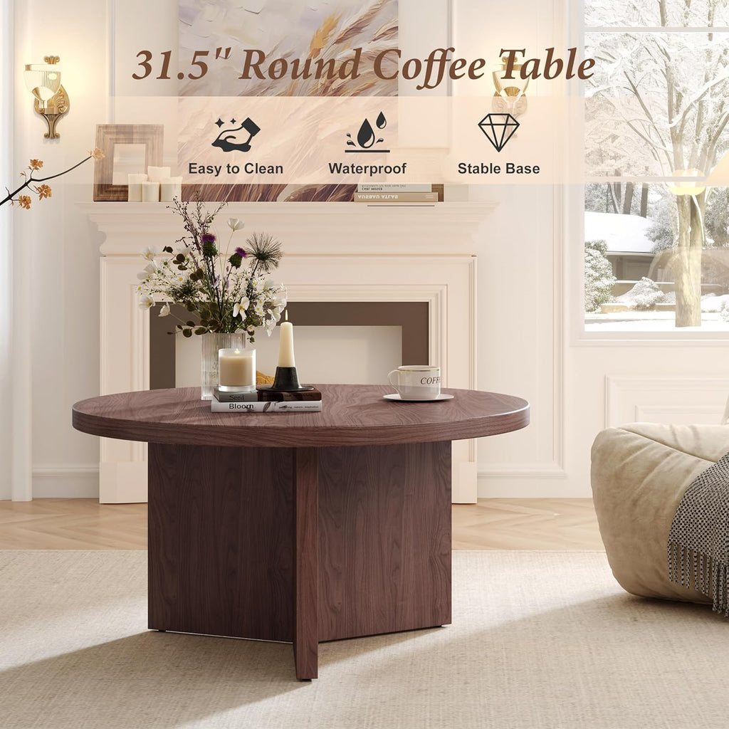 Luoxiao 31.5" Round Coffee Table Mid Century Modern Center Table for Living Room, Minimalist Circle Accent Table for Apartments, Study, Office, Space-Saving, Easy Assembly, Walnut