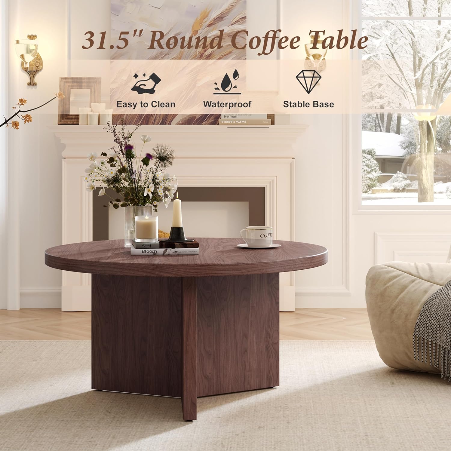 Luoxiao 31.5" Round Coffee Table Mid Century Modern Center Table for Living Room, Minimalist Circle Accent Table for Apartments, Study, Office, Space-Saving, Easy Assembly, Walnut