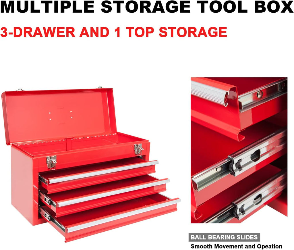 BIG RED ANTBD133-XB Torin 20.5" Portable 3 Drawer Steel Tool Box with Metal Latch Closure, Red
