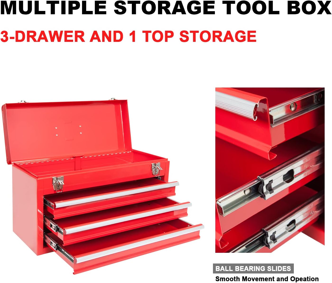 BIG RED ANTBD133-XB Torin 20.5" Portable 3 Drawer Steel Tool Box with Metal Latch Closure, Red
