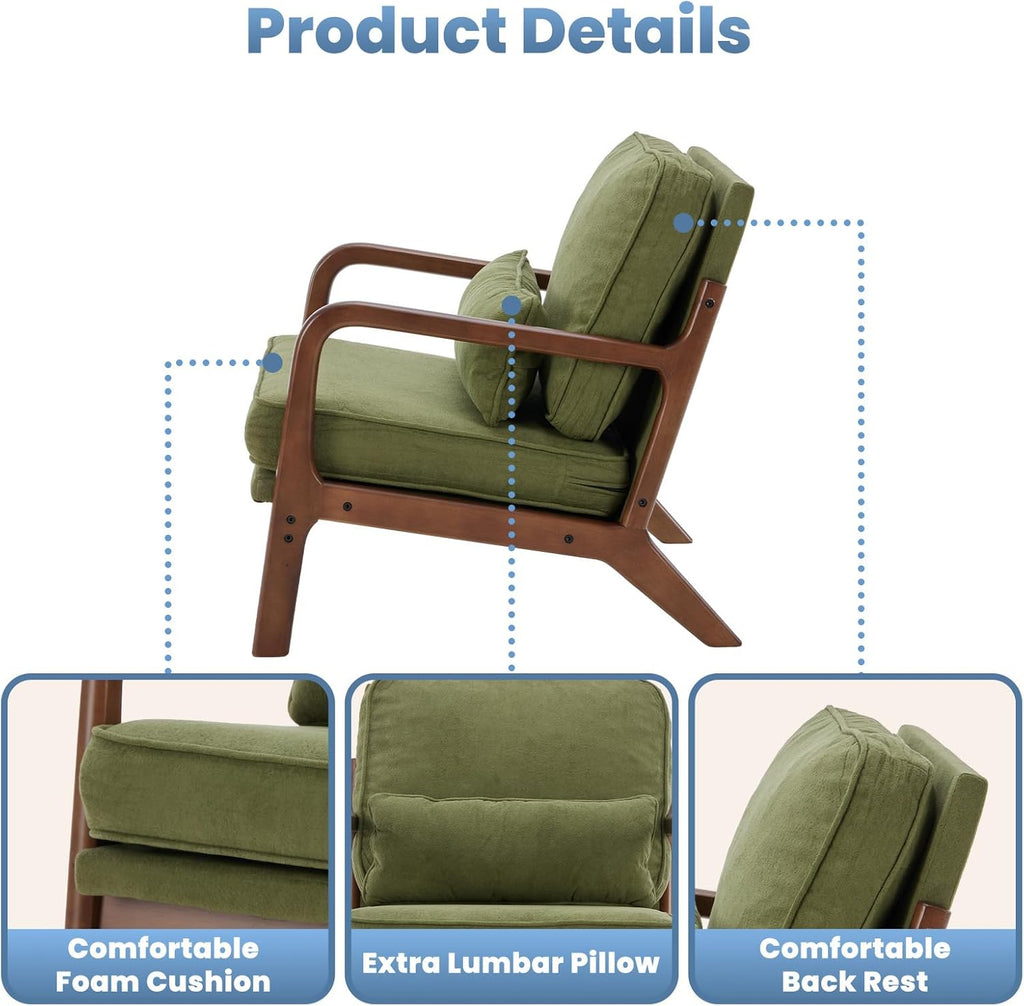 DUMOS Mid Century Accent Chair, Modern Living Room Chairs with Arms and Waist Cushion, Reading Chairs for Adults, Lounge Chair for Bedroom, Solid Wooden Frame, Classic Green