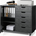 5-Drawer Wood Drawer Cabinet, Office Storage Cabinet with Adjustable Shelf & Wheels, Printer Stand for Home Office, Black, 15.7" D x 30.7" W x 25.4" H