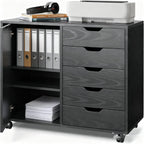 5-Drawer Wood Drawer Cabinet, Office Storage Cabinet with Adjustable Shelf & Wheels, Printer Stand for Home Office, Black, 15.7" D x 30.7" W x 25.4" H