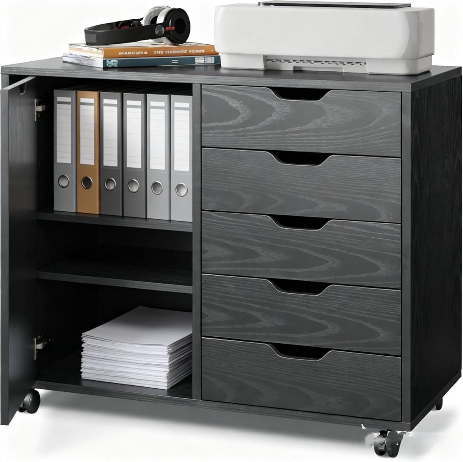 5-Drawer Wood Drawer Cabinet, Office Storage Cabinet with Adjustable Shelf & Wheels, Printer Stand for Home Office, Black, 15.7" D x 30.7" W x 25.4" H