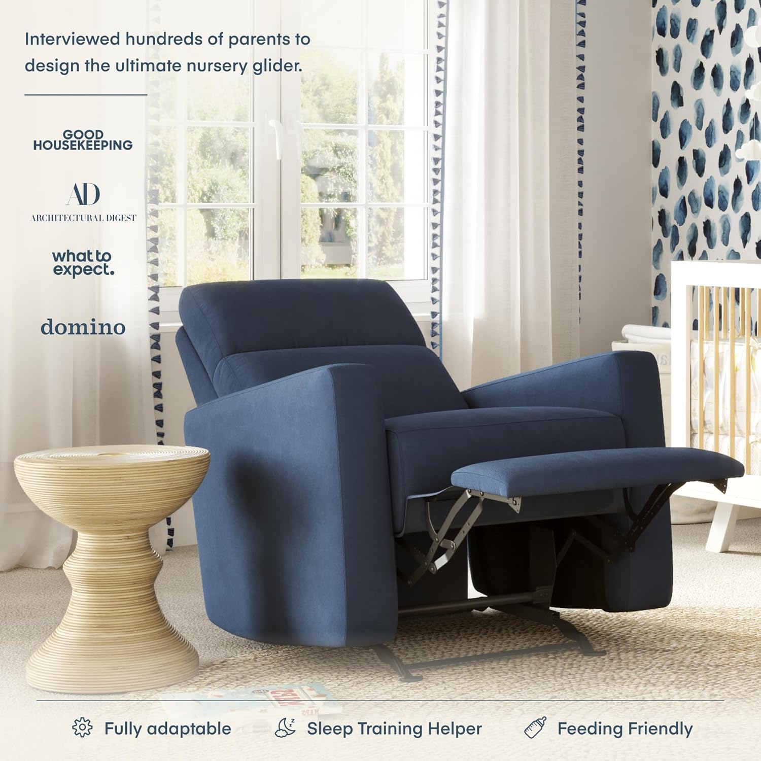 Nurture& The Glider Premium Power Recliner Nursery Glider Chair with Adjustable Head Support | Designed with a Thoughtful Combination of Function and Comfort | Built-in USB Charger (Navy)